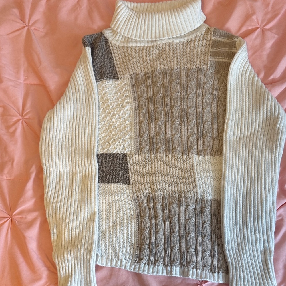 liz & co. Cream and Tan Patchwork Turtleneck Sweater